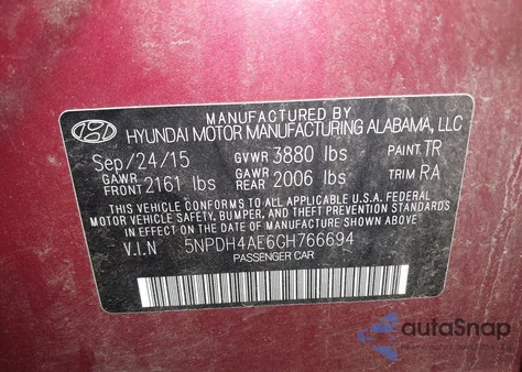 2016 Hyundai Elantra Se z USA, uszkodzony, nr VIN 5NPDH4AE6GH766694